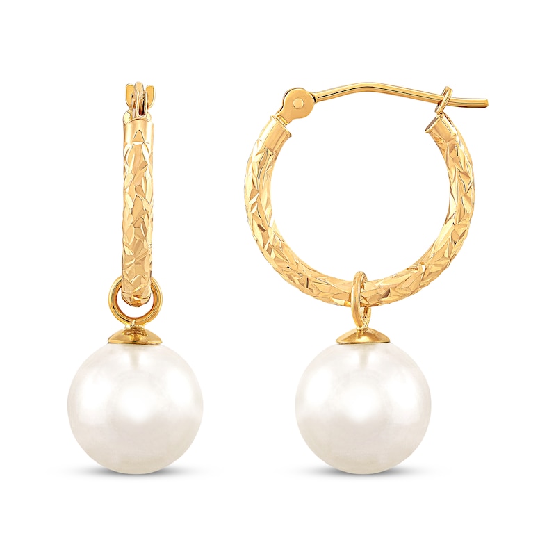 Main Image 3 of Cultured Pearl Diamond-Cut Hoop Dangle Earrings 10K Yellow Gold