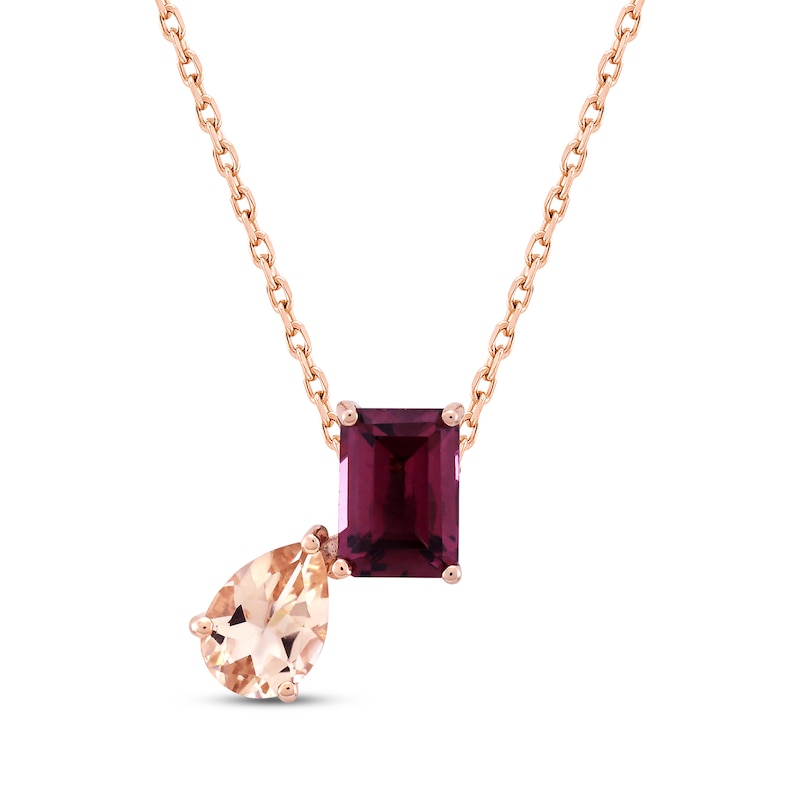 Main Image 1 of Toi et Moi Pear-Shaped Morganite & Emerald-Cut Rhodolite Garnet Necklace 10K Rose Gold 18"