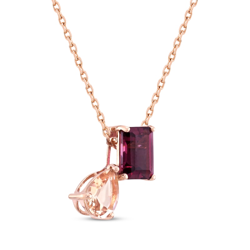 Main Image 2 of Toi et Moi Pear-Shaped Morganite & Emerald-Cut Rhodolite Garnet Necklace 10K Rose Gold 18"
