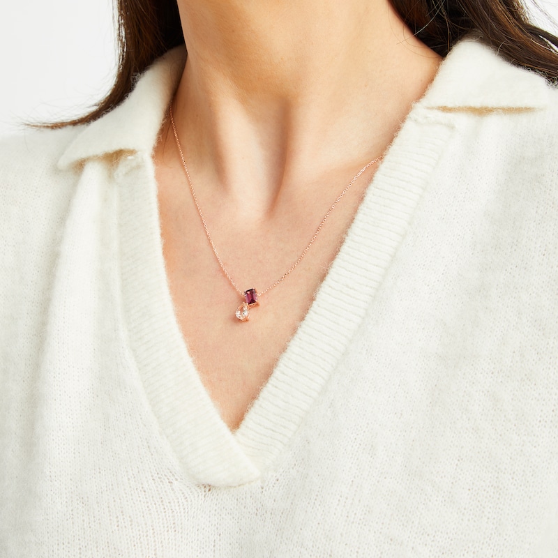 Main Image 3 of Toi et Moi Pear-Shaped Morganite & Emerald-Cut Rhodolite Garnet Necklace 10K Rose Gold 18"