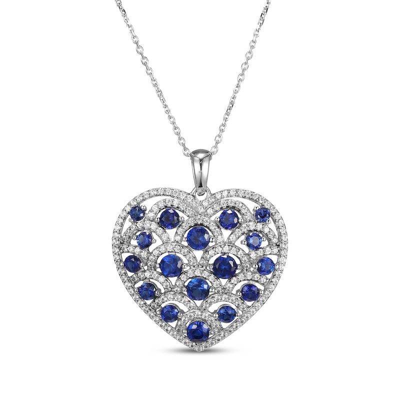 Main Image 1 of Blue & White Lab-Created Sapphire Scalloped Heart Necklace Sterling Silver 18"