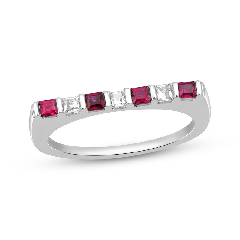 Square-Cut Lab-Created Ruby & White Lab-Created Sapphire Flat Top Bar Ring Sterling Silver