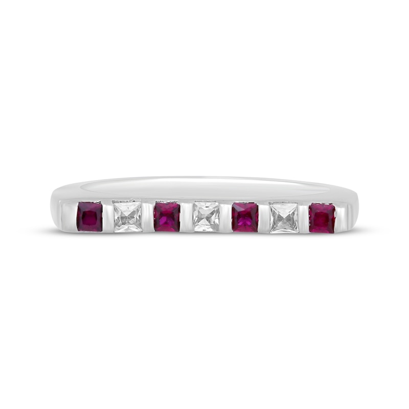 Square-Cut Lab-Created Ruby & White Lab-Created Sapphire Flat Top Bar Ring Sterling Silver