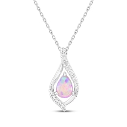 Pear-Shaped Pink Lab-Created Opal & White Lab-Created Sapphire Necklace Sterling Silver 18"