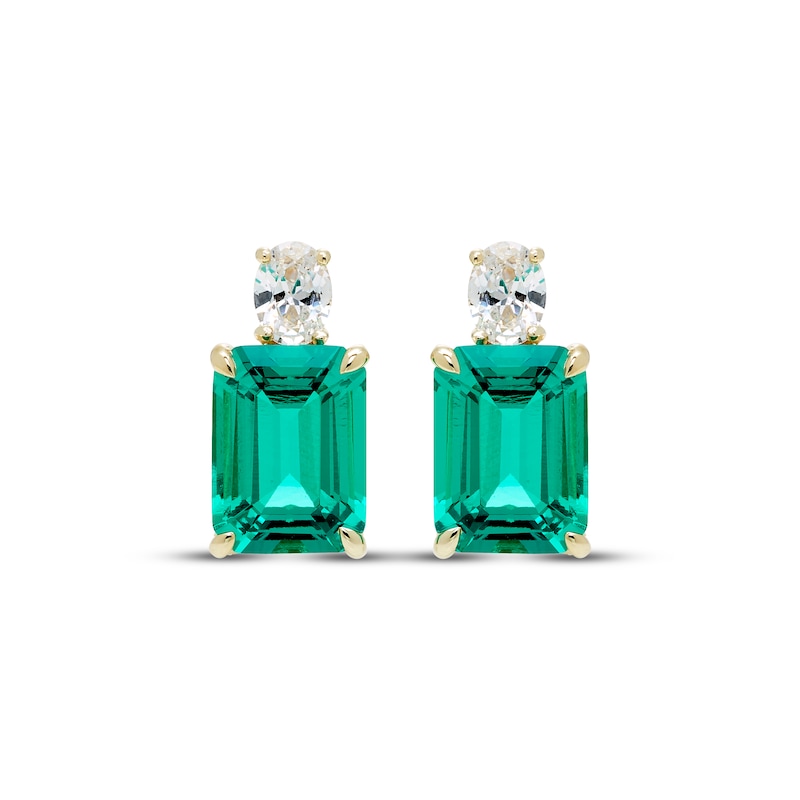 Main Image 2 of Emerald-Cut Lab-Created Emerald & Oval-Cut Lab-Grown Diamond Earrings 3/8 ct tw 14K Yellow Gold
