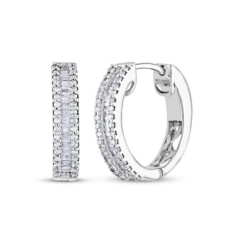 Main Image 1 of Baguette & Round-Cut Diamond Hoop Earrings 1/2 ct tw 14K White Gold
