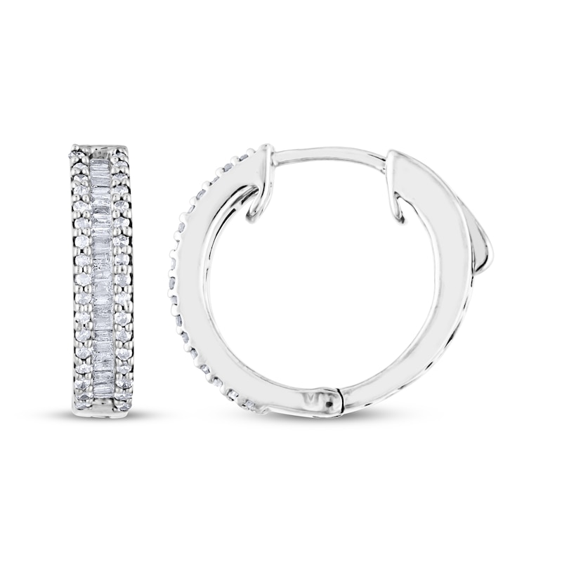 Main Image 3 of Baguette & Round-Cut Diamond Hoop Earrings 1/2 ct tw 14K White Gold