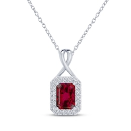 Octagon-Cut Lab-Created Ruby & White Lab-Created Sapphire Halo Necklace Sterling Silver 18"