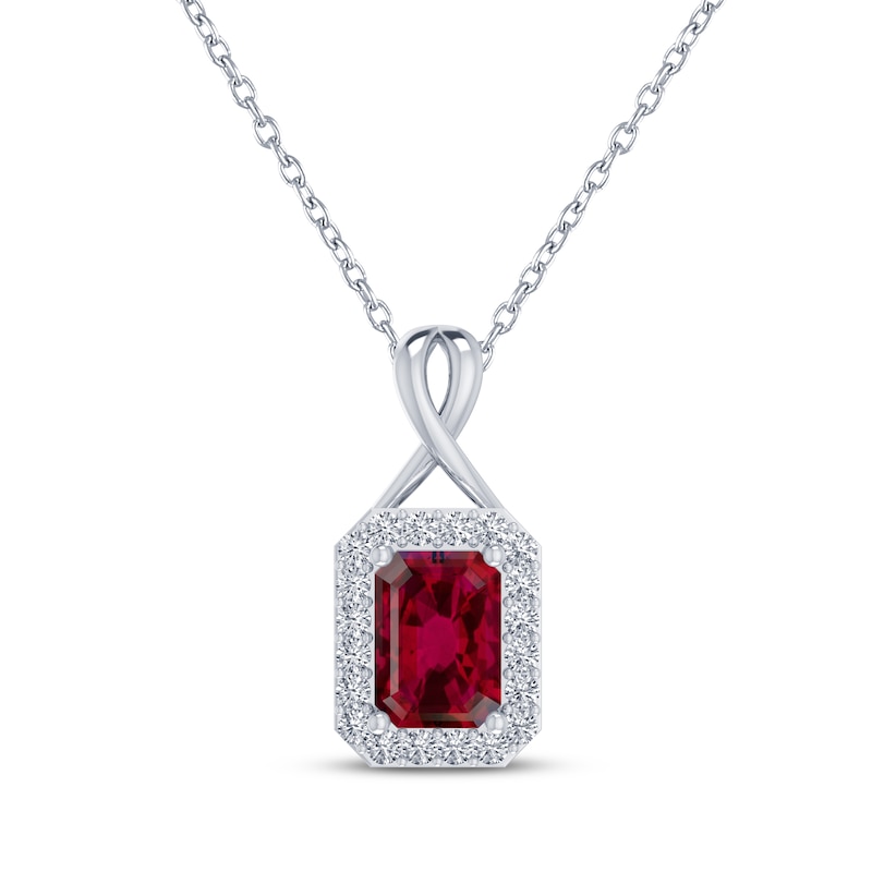 Main Image 1 of Octagon-Cut Lab-Created Ruby & White Lab-Created Sapphire Halo Necklace Sterling Silver 18"