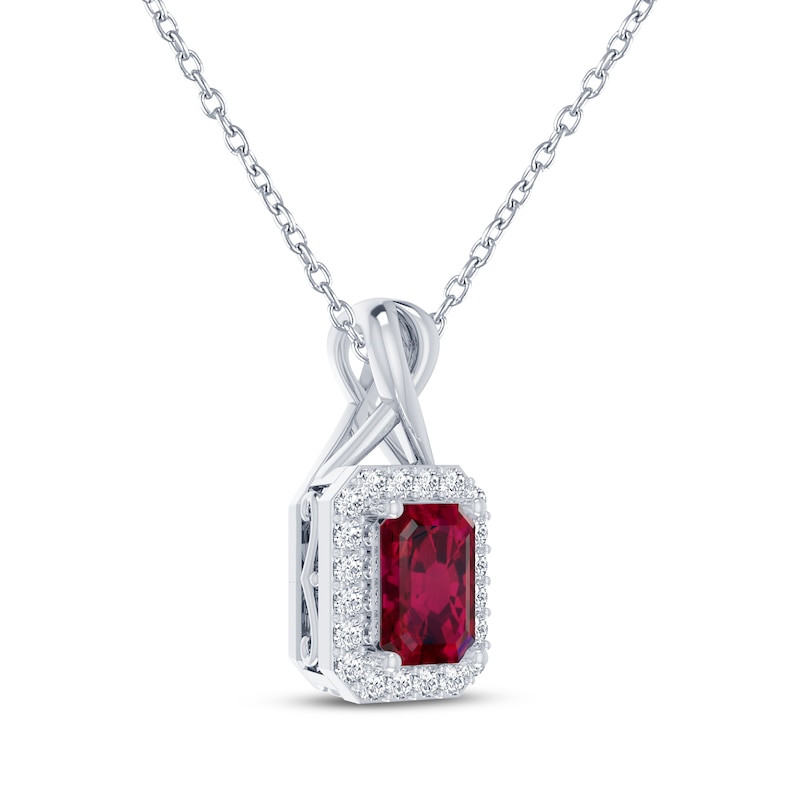 Main Image 2 of Octagon-Cut Lab-Created Ruby & White Lab-Created Sapphire Halo Necklace Sterling Silver 18"