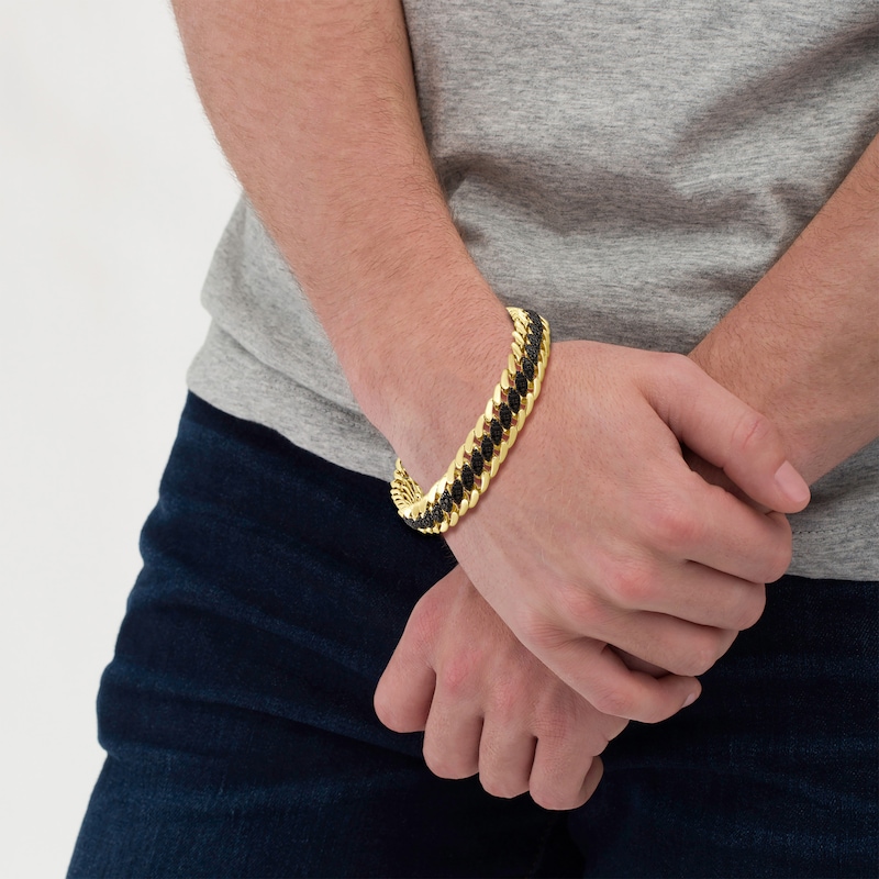 Main Image 4 of Men's Black Diamond Oval Center Curb Link Bracelet 6 ct tw 10K Yellow Gold 8.5"