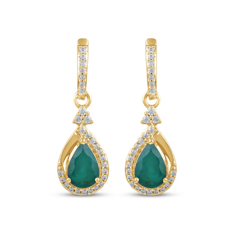 Main Image 2 of Pear-Shaped Natural Emerald & Diamond Dangle Earrings 1/6 ct tw 14K Yellow Gold
