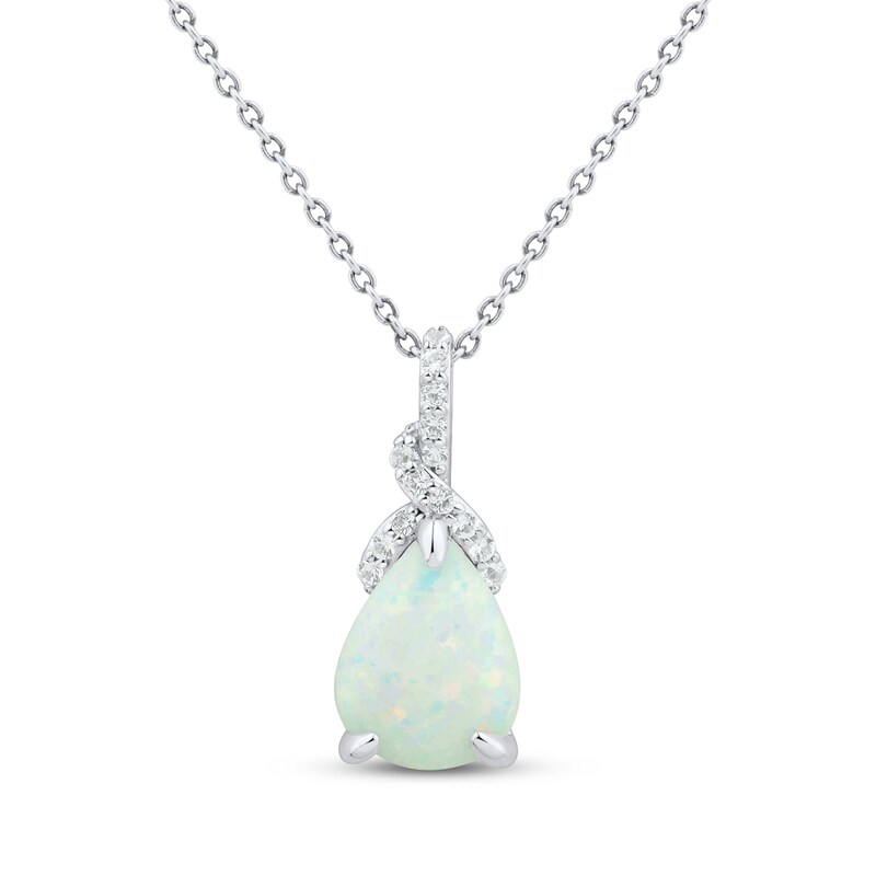 Main Image 1 of Pear-Shaped Lab-Created Opal & White Lab-Created Sapphire Necklace Sterling Silver 18"