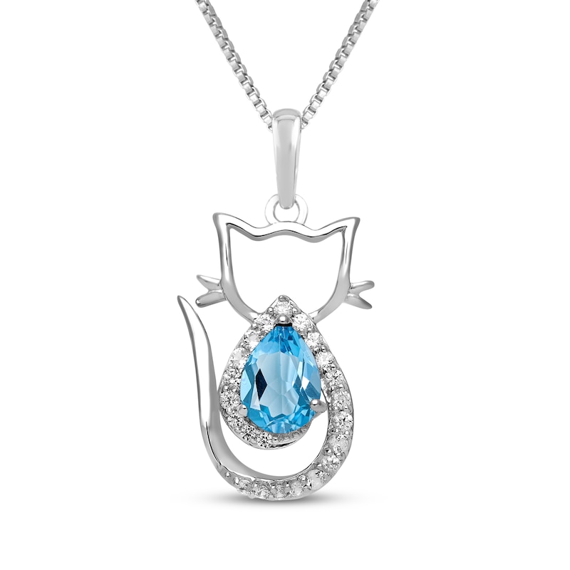 Main Image 1 of Pear-Shaped Swiss Blue Topaz & White Lab-Created Sapphire Cat Necklace Sterling Silver 18"