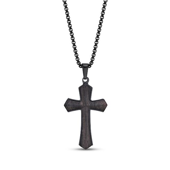 Men's Wood Cross Necklace Black Ion-Plated Stainless Steel 24"