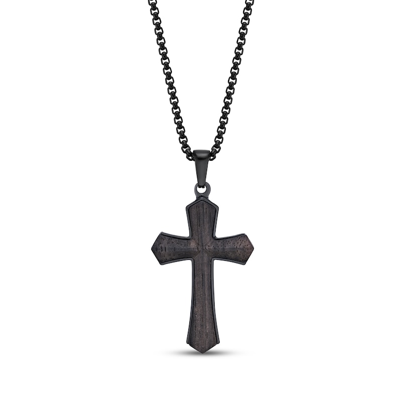 Main Image 1 of Men's Wood Cross Necklace Black Ion-Plated Stainless Steel 24"