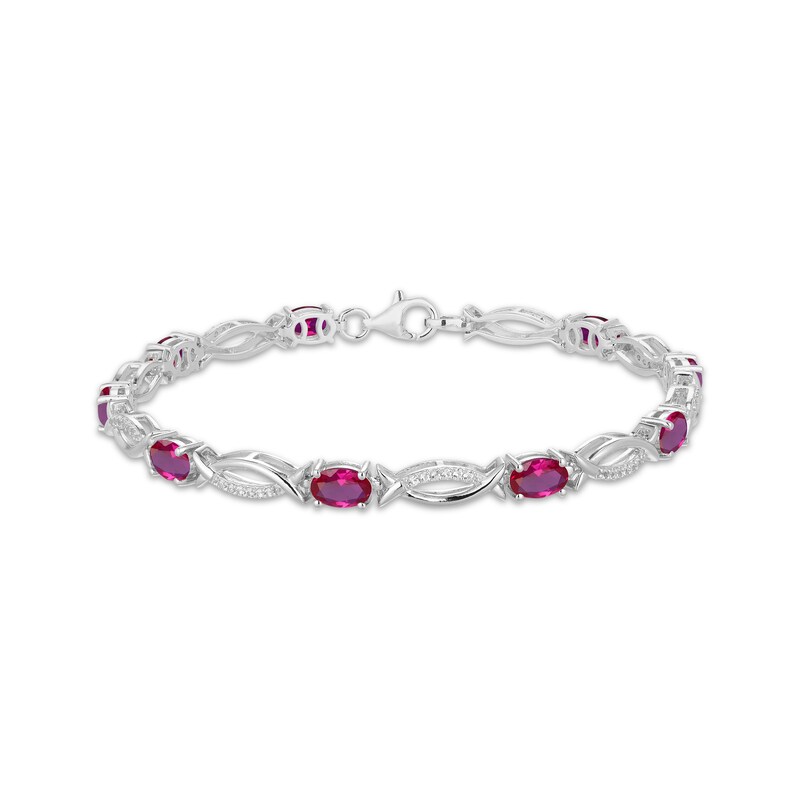 Main Image 1 of Oval-Cut Lab-Created Ruby & White Lab-Created Sapphire Link Bracelet Sterling Silver 7.25"