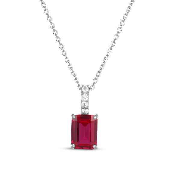 Emerald-Cut Lab-Created Ruby & White Lab-Created Sapphire Hidden Halo Necklace Sterling Silver 18"