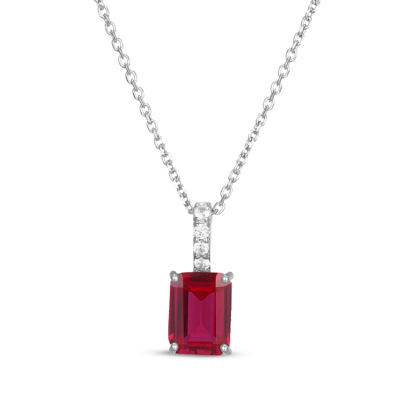 Main Image 1 of Emerald-Cut Lab-Created Ruby & White Lab-Created Sapphire Hidden Halo Necklace Sterling Silver 18"
