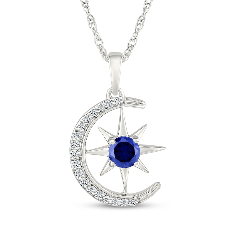 Main Image 1 of Blue & White Lab-Created Sapphire Crescent Moon & Star Necklace Sterling Silver 18"