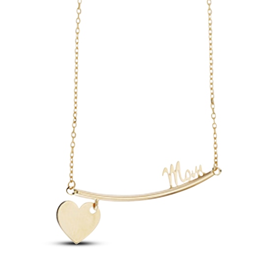 "Mom" Curved Bar Necklace with Heart Dangle 10K Yellow Gold 18"