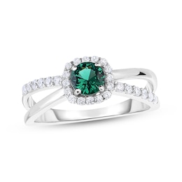 Lab-Created Emerald & White Lab-Created Sapphire Halo Split Shank Ring Sterling Silver