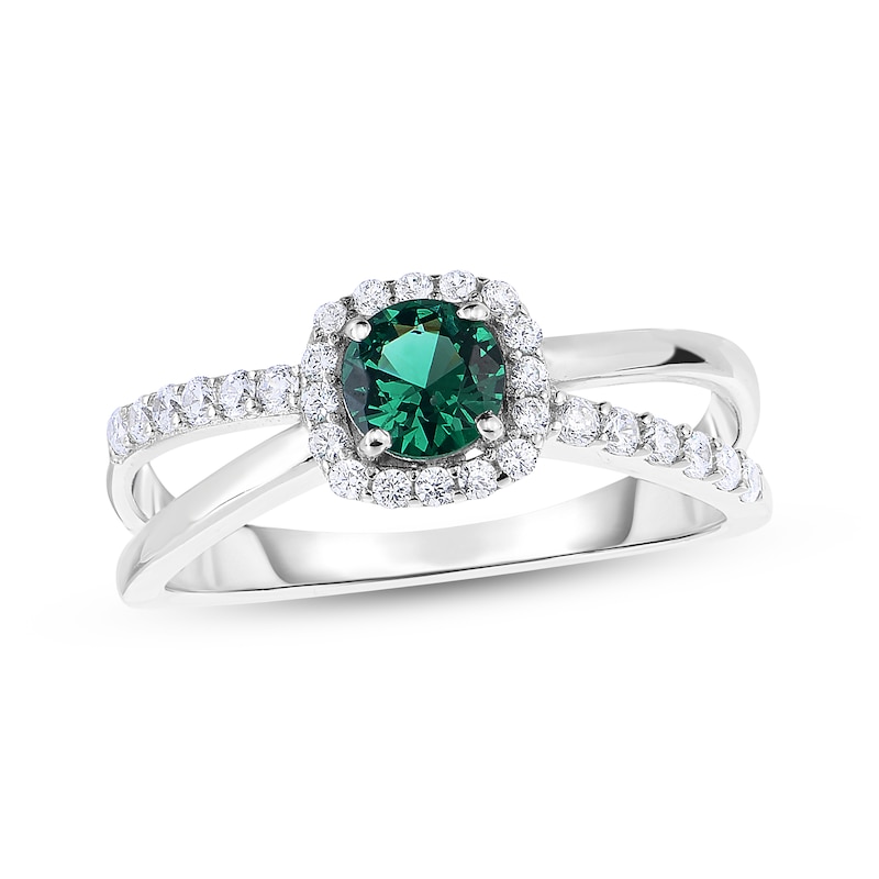 Main Image 1 of Lab-Created Emerald & White Lab-Created Sapphire Halo Split Shank Ring Sterling Silver