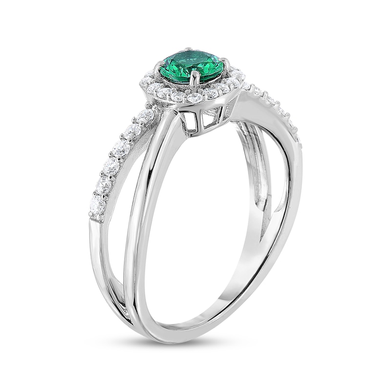 Main Image 2 of Lab-Created Emerald & White Lab-Created Sapphire Halo Split Shank Ring Sterling Silver