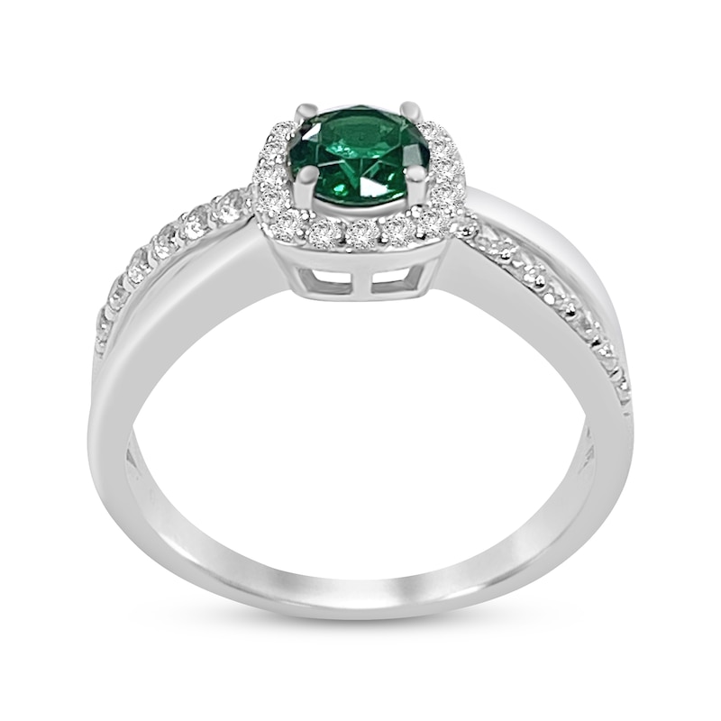 Main Image 3 of Lab-Created Emerald & White Lab-Created Sapphire Halo Split Shank Ring Sterling Silver