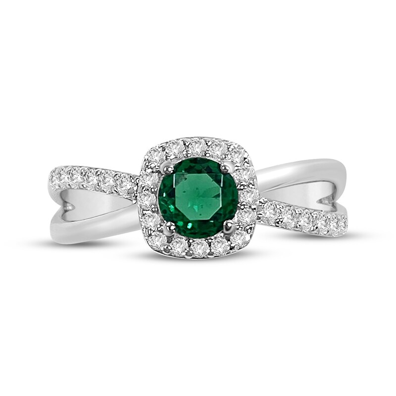 Main Image 4 of Lab-Created Emerald & White Lab-Created Sapphire Halo Split Shank Ring Sterling Silver