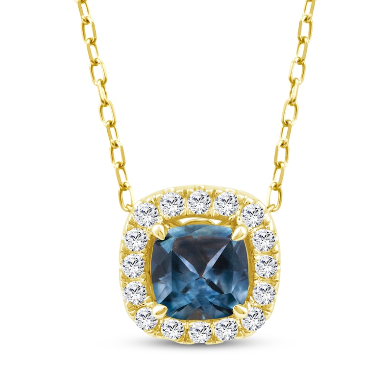 Main Image 1 of American Blue Sapphire & Diamond Halo Necklace 1/10 ctw tw 10K Yellow Gold 18"