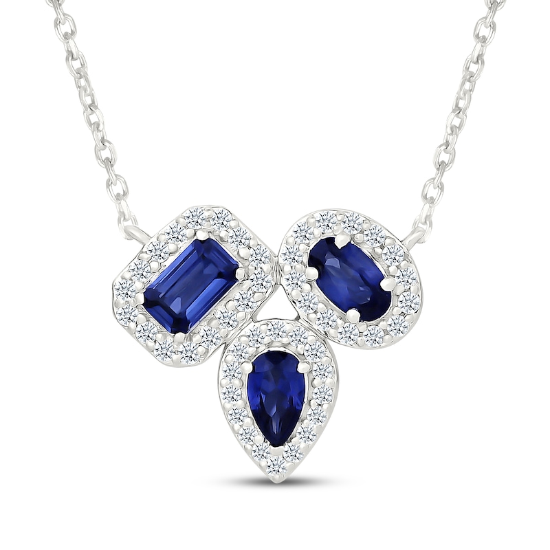 Main Image 1 of Multi-Shape Blue & White Lab-Created Sapphire Cluster Necklace Sterling Silver 18"