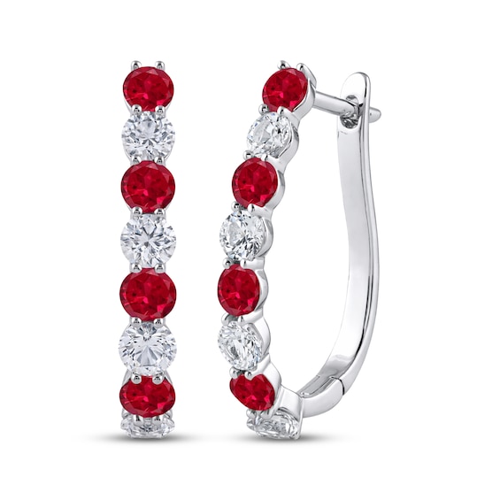 Lab-Created Ruby & White Lab-Created Sapphire U-Hoop Earrings Sterling Silver