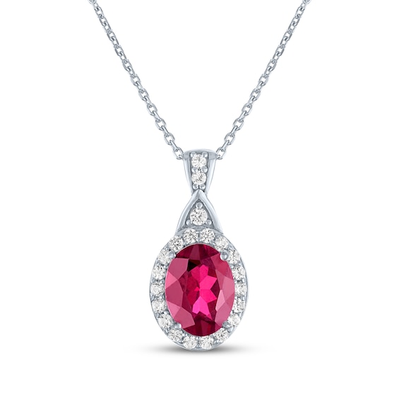 Oval-Cut Lab-Created Ruby & White Lab-Created Sapphire Halo Necklace Sterling Silver 16.27"