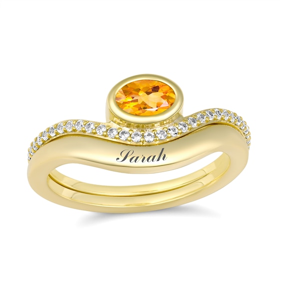 Birthstone and Brilliant Accent Stones Wave Ring (1 Stone and Line)