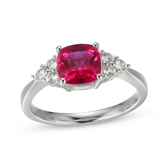 Cushion-Cut Lab-Created Ruby & White Lab-Created Sapphire Ring Sterling Silver