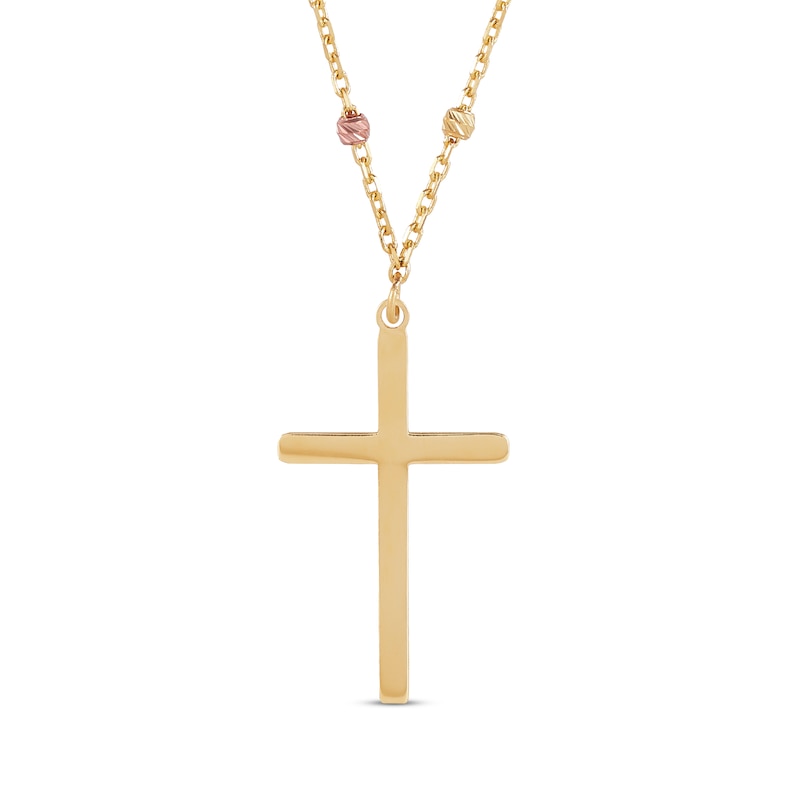 Main Image 1 of Diamond-Cut Rosary Cross Necklace 14K Tri-Tone Gold 17.75"