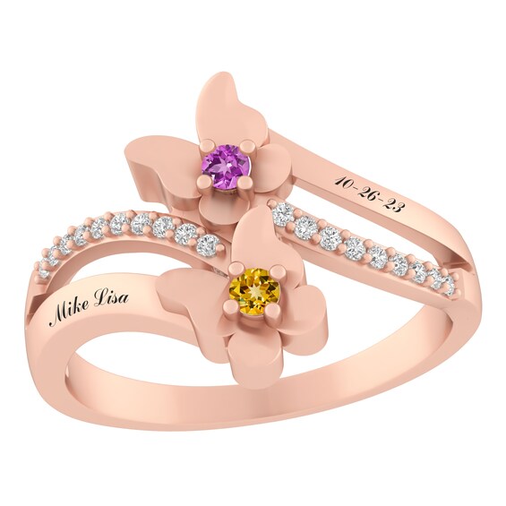 Birthstone Couple's Butterfly Ring (2 Stones and Lines)