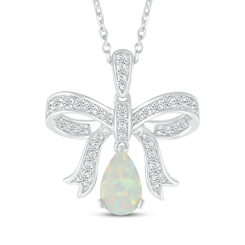 Main Image 1 of Pear-Shaped Lab-Created Opal & White Lab-Created Sapphire Bow Necklace Sterling Silver 18"