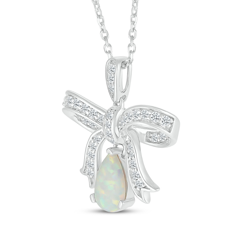 Main Image 2 of Pear-Shaped Lab-Created Opal & White Lab-Created Sapphire Bow Necklace Sterling Silver 18"