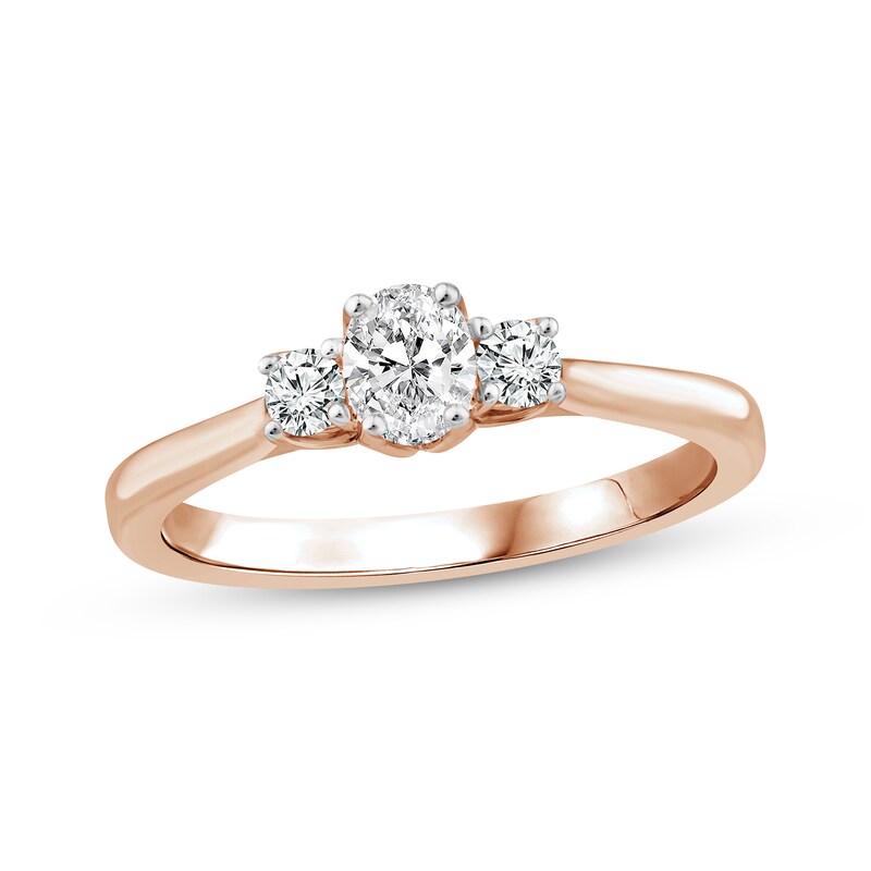 Main Image 1 of Memories Moments Magic Oval & Round-Cut Diamond Three-Stone Engagement Ring 1/2 ct tw 14K Rose Gold