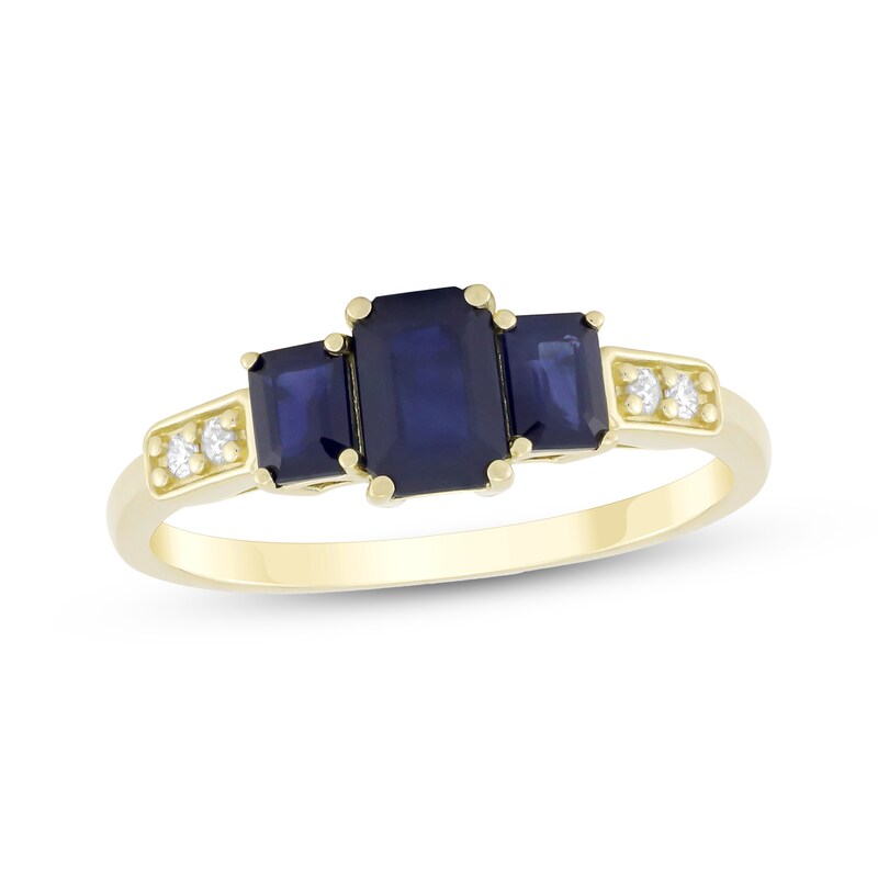 Main Image 1 of Emerald-Cut Natural Blue Sapphire & Diamond Three-Stone Ring 1/20 ct tw 14K Yellow Gold