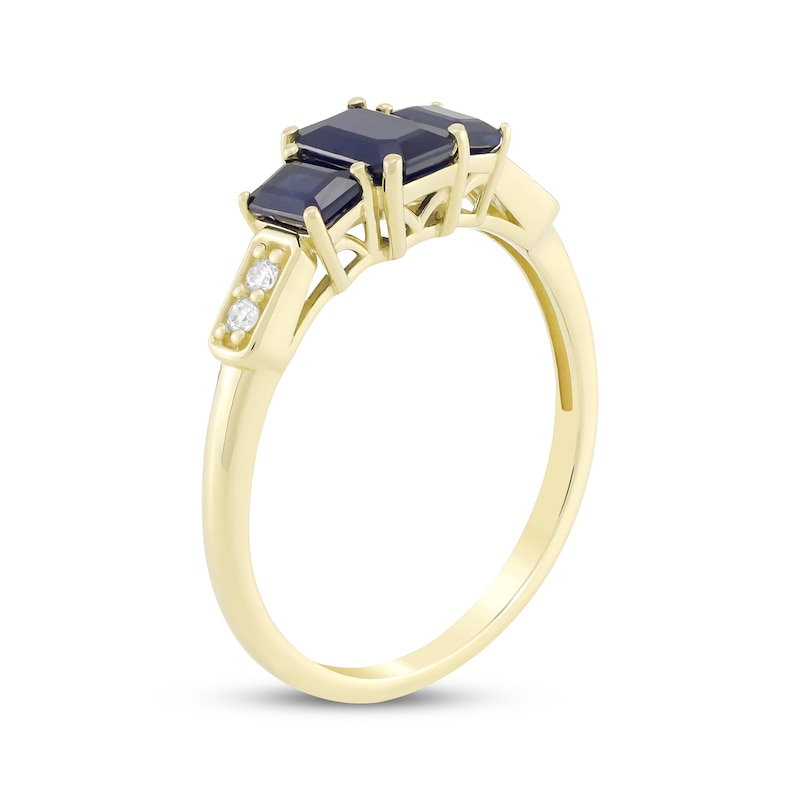 Main Image 2 of Emerald-Cut Natural Blue Sapphire & Diamond Three-Stone Ring 1/20 ct tw 14K Yellow Gold
