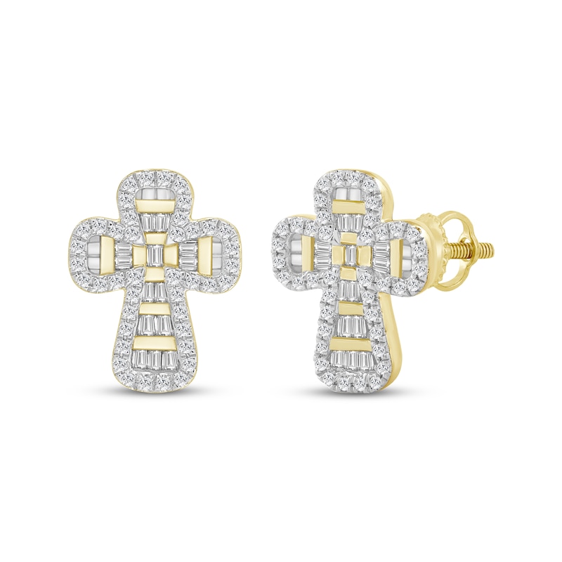 Main Image 1 of Men's Baguette & Round-Cut Diamond Cross Stud Earrings 1/4 ct tw 10K Yellow Gold