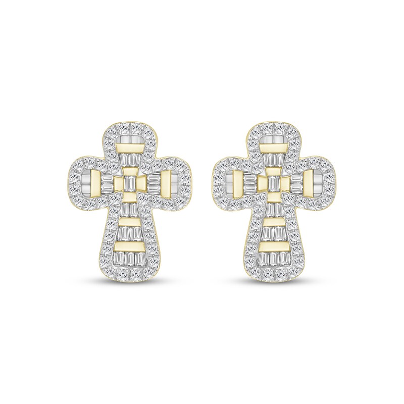 Main Image 2 of Men's Baguette & Round-Cut Diamond Cross Stud Earrings 1/4 ct tw 10K Yellow Gold