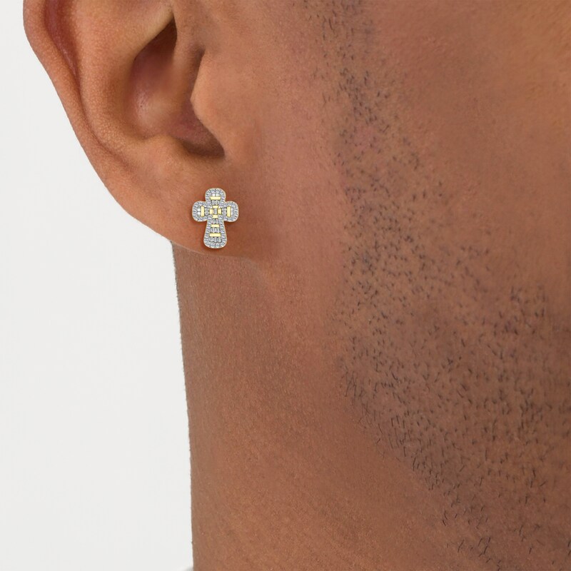 Main Image 3 of Men's Baguette & Round-Cut Diamond Cross Stud Earrings 1/4 ct tw 10K Yellow Gold
