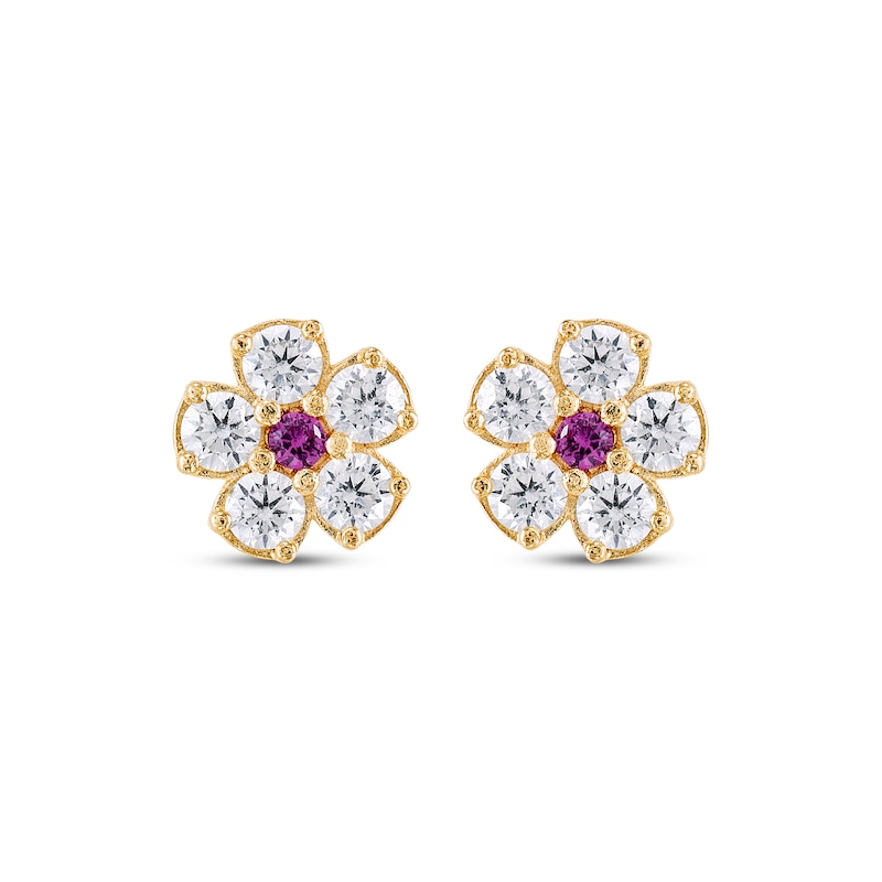 Main Image 2 of Children's Lab-Created Ruby & White Lab-Created Sapphire Flower Stud Earrings 14K Yellow Gold