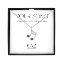 Musical Note Necklace with Black & White Diamond Accents Sterling Silver 18"
