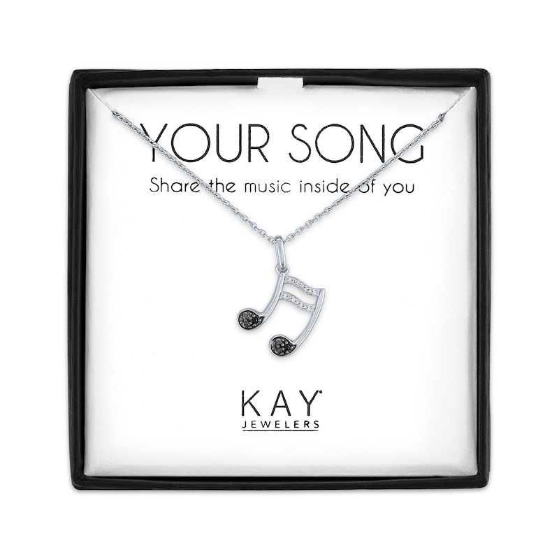 Main Image 1 of Musical Note Necklace with Black & White Diamond Accents Sterling Silver 18"