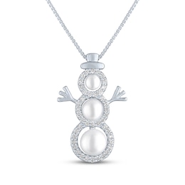 Cultured Pearl & White Lab-Created Sapphire Snowman Necklace Sterling Silver 18"
